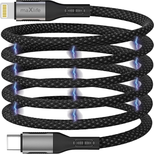 Câble magnétique Maxlife USB-C – Lightning 1 m 27 W, en nylon, noir
