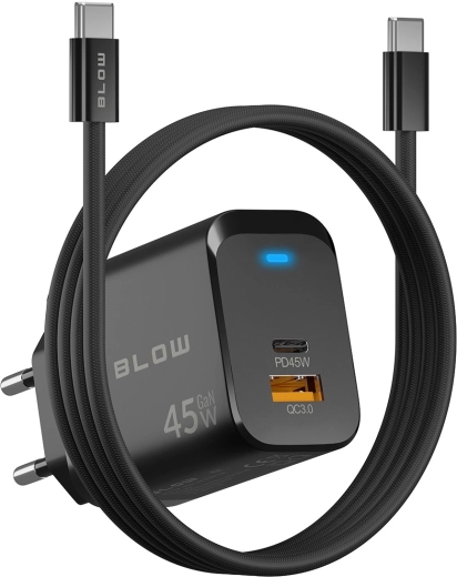 Chargeur secteur GaN BLOW 45 W (USB‑C PD + USB‑A QC 3.0) avec câble USB‑C–USB‑C