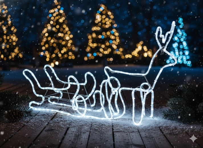 Renne LED de Noël avec traîneau 120 × 27 × 66 cm – blanc froid avec clignotement froid
