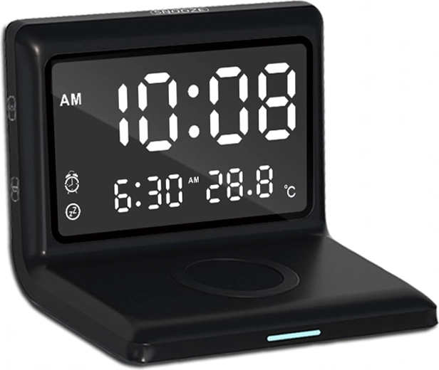 Réveil numérique 3-en-1 avec charge sans fil 15 W et thermomètre, écran miroir