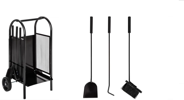 Ensemble d’outils de cheminée avec rangement pour bois, métal noir
