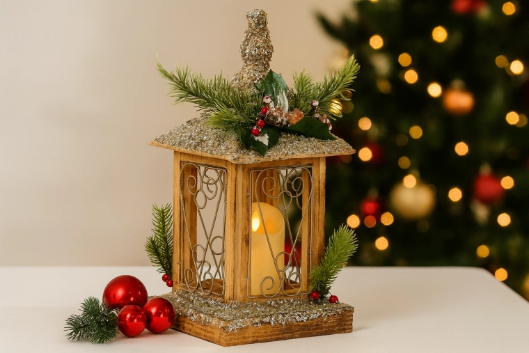 Lanterne LED en bois de Noël avec bougie 18 × 18 × 38 cm