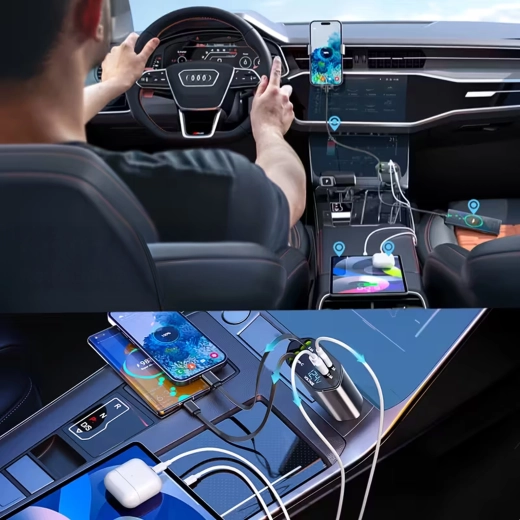 Chargeur auto 4‑en‑1 avec USB‑C et Lightning, câble rétractable, charge rapide 100 W