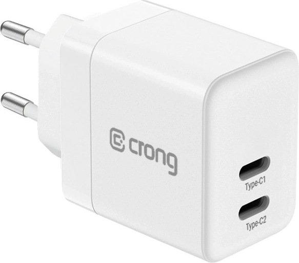 Chargeur secteur GaN ultra compact Crong 2× USB-C 35 W PD 3.0 avec PPS blanc
