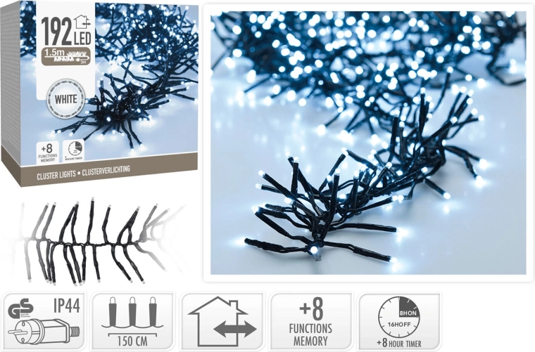 Guirlande LED de Noël 1,5 m, 192 LED, blanc froid, 8 fonctions avec minuteur