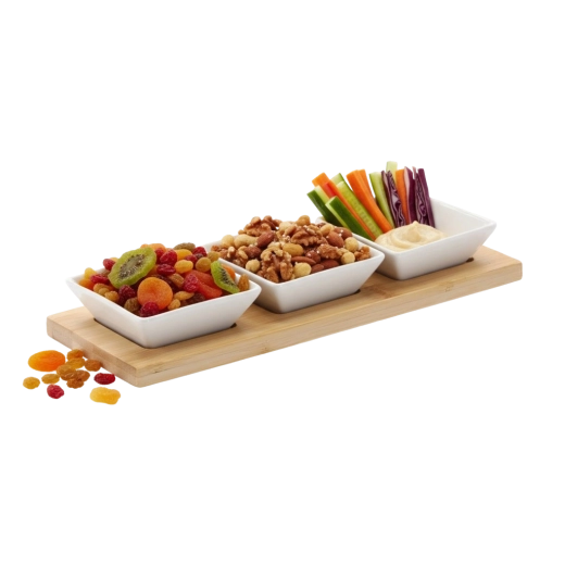 Ensemble élégant de bols en porcelaine sur plateau en bambou 28 × 10 × 3 cm