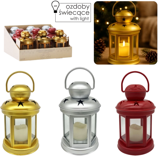 Lanterne LED décorative 19 cm – argent, or et rouge