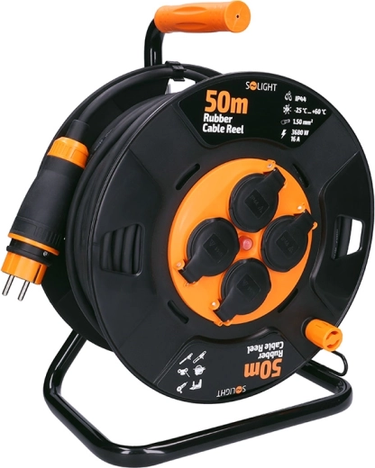 Solight rallonge électrique d’extérieur sur enrouleur 50 m, 4 prises, câble en caoutchouc, IP44