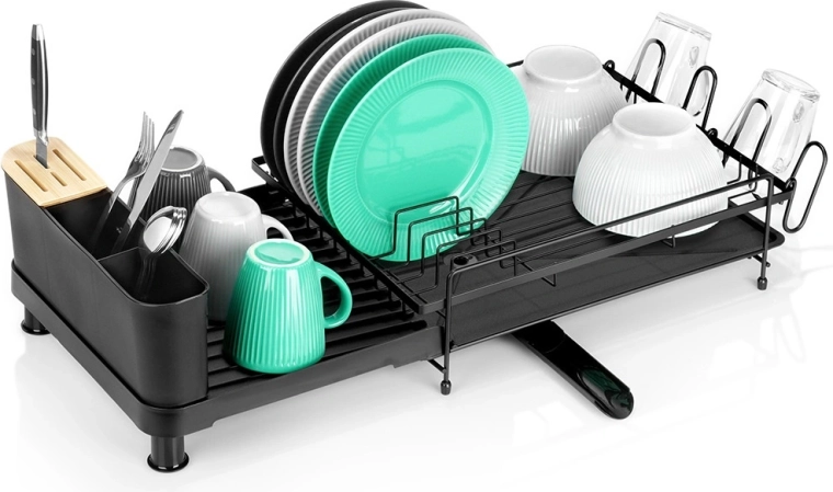 Égouttoir à vaisselle métallique extensible, noir, 48–70 × 32,5 × 18 cm