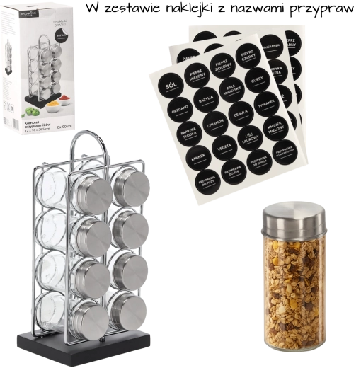 Support à épices rectangulaire avec poignée et 8 bocaux, argent-noir, 12 × 10 × 26,5 cm