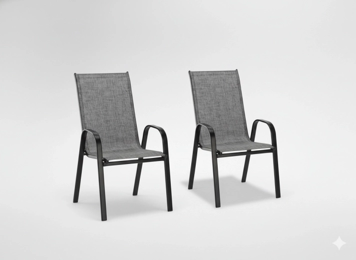 Ensemble de 2 fauteuils de jardin avec textilène gris et cadre en acier noir