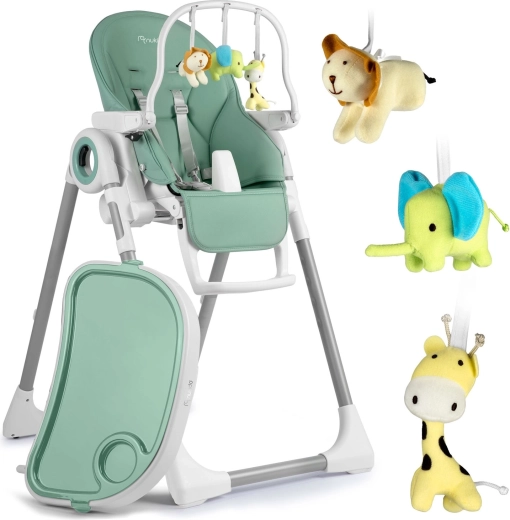 Chaise haute 2-en-1 Belo verte avec tablette et arche d’activités avec jouets