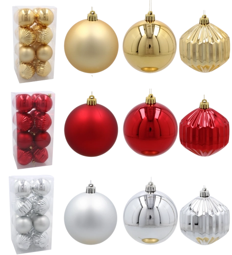 Set de boules de Noël 8 cm, 16 pcs – rouge, or et argent, incassables