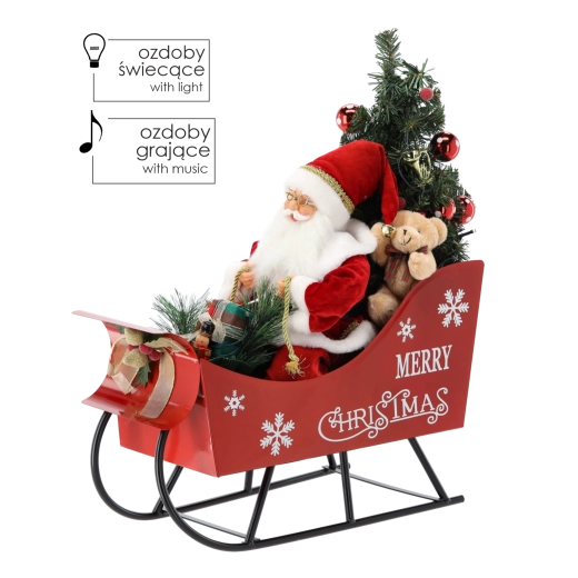 Saint-Nicolas en traîneau avec sapin de Noël à LED et mélodies 60 cm
