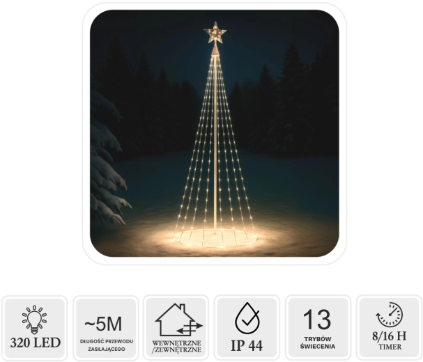 Sapin de Noël conique LED avec étoile 1,8 m, 320 LED, blanc chaud, intérieur/extérieur