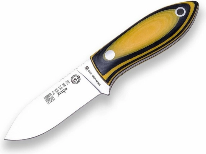Couteau de chasse JOKER Cuello Avispa 8 cm, noir‑orange, Micarta, étui Kydex, paracorde