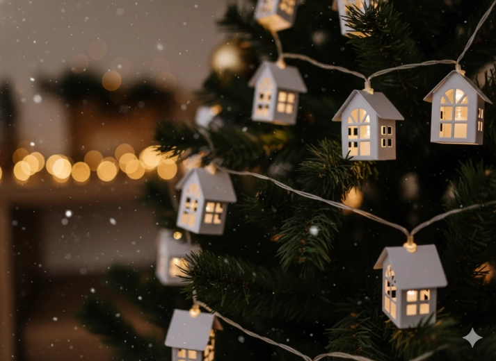 Guirlande LED lumineuse avec petites maisons en métal, 10 lumières à piles