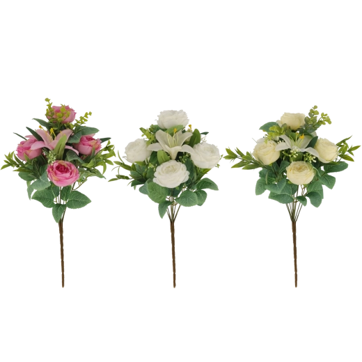 Bouquet artificiel de roses et lys 43 cm, mélange de couleurs
