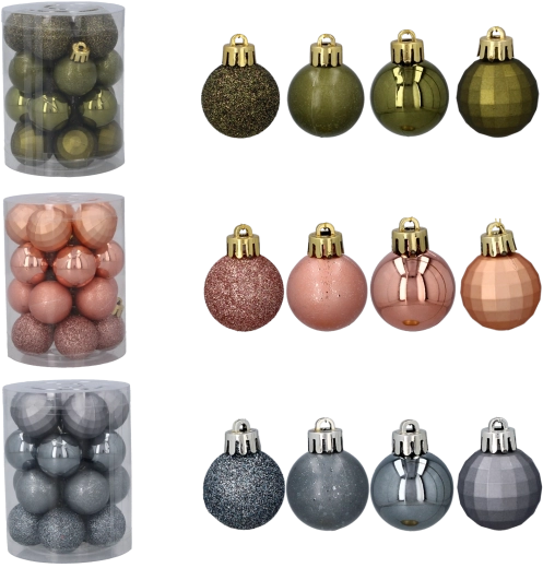 Set de boules de Noël en plastique 3 cm – olive, cuivré et graphite (20 pcs)