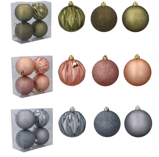 Set de 4 boules de Noël 8 cm – olive, cuivré et graphite