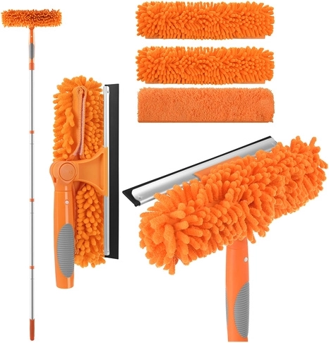 Lave-vitres télescopique 3-en-1 RUHHY 1,8 m avec raclette et microfibres