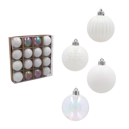 Set de boules de Noël 6 cm, 16 pcs – blanc et argent, incassables