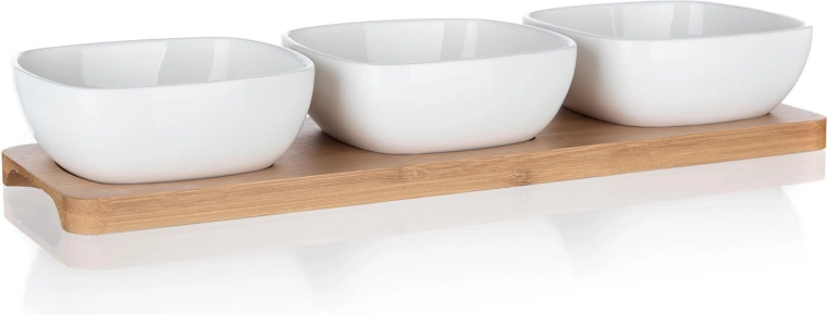Ensemble de bols de service en porcelaine sur plateau en bambou BRILLANTE, 3 bols