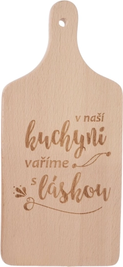 Planche à découper en bois avec l’inscription « dans notre cuisine » 14 × 30 cm