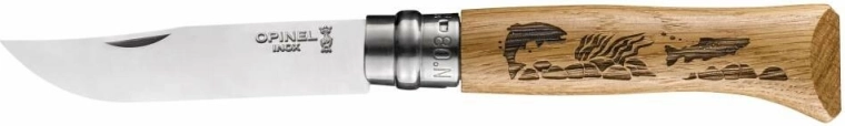 Opinel N°08 Inox Animalia couteau de poche motif poissons, bois de chêne, 8,5 cm