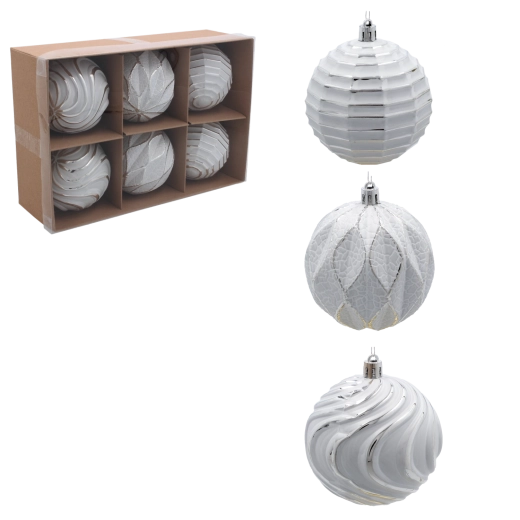 Set de boules de Noël 8 cm blanc‑argent, 6 pcs, incassables