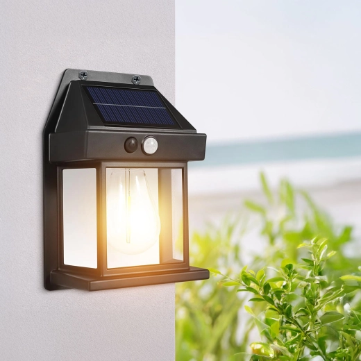 Lampe murale solaire avec capteur de mouvement et ampoule LED filament, noire