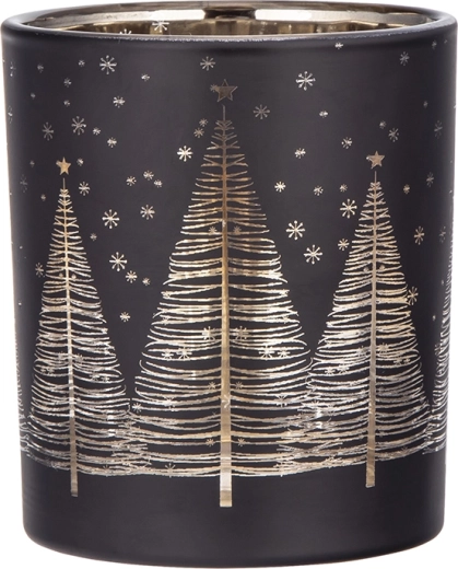 Photophore en verre noir avec intérieur doré, motif sapins de Noël