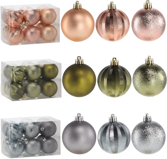 Set de 12 boules de Noël incassables 6 cm – olive, cuivré et graphite