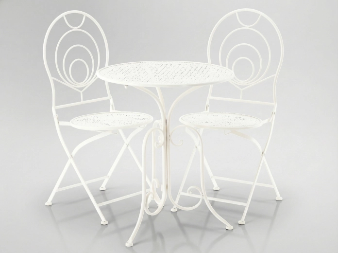 Ensemble bistro en métal LINDA – table et 2 chaises pliantes, blanc