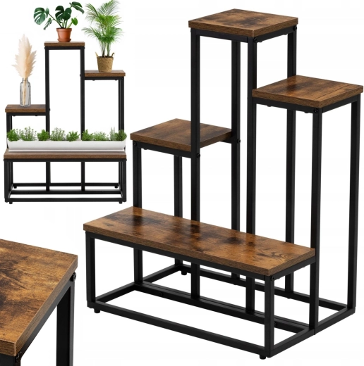 Support à fleurs en métal, 4 niveaux, chêne antique – pour 6 pots de fleurs - 1 pièce