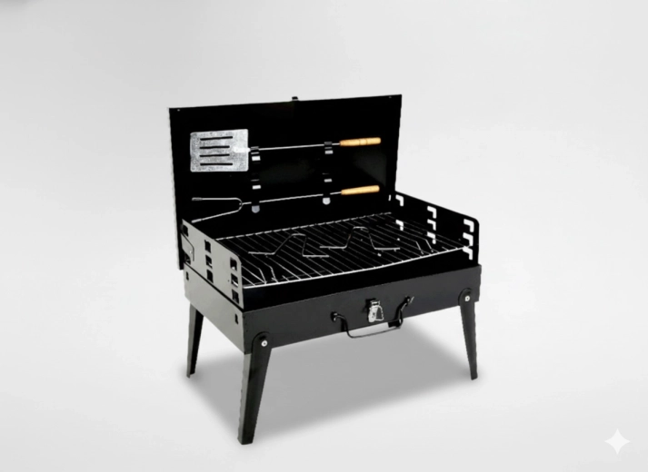 Barbecue de voyage pliable en forme de valisette avec ustensiles 43 × 26,5 × 46,5 cm