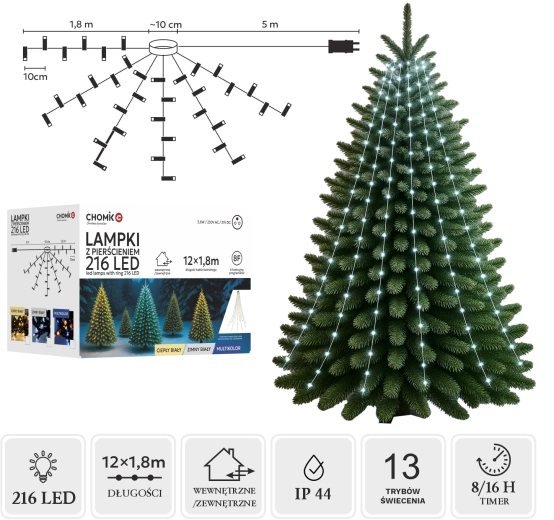 Guirlande lumineuse LED avec anneau 1,8 m, 216 LED, blanc froid, intérieur/extérieur