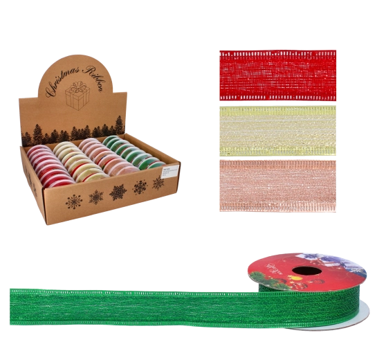 Ruban décoratif de Noël 2,5 cm × 2,7 m à effet satiné et bords rigides