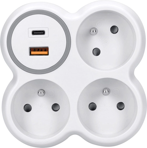 Solight multiprise pour prise 3× 16 A avec USB-A et USB-C à charge rapide PD 20 W blanc-gris