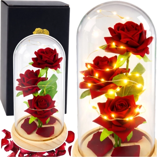 Roses rouges éternelles sous cloche en verre avec éclairage LED 21,5 × 11 cm