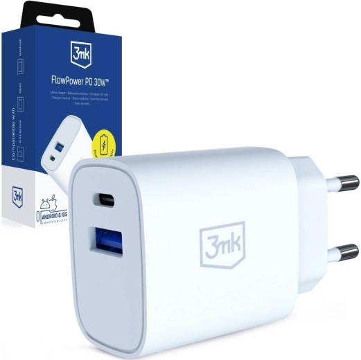 Chargeur secteur 3MK FlowPower 30 W USB-A et USB-C (PD 3.0, QC 4+) blanc