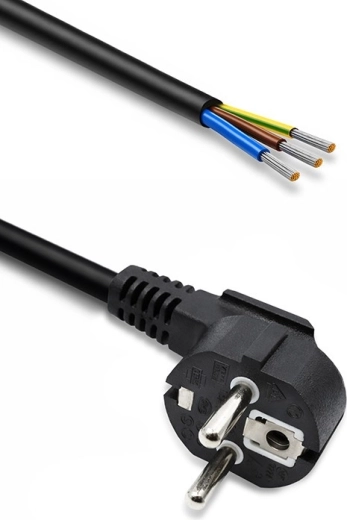 Câble d’alimentation avec fiche Schuko CEE 7/7 coudée, conducteurs dénudés étamés, 3×1,0 mm², 1,8 m