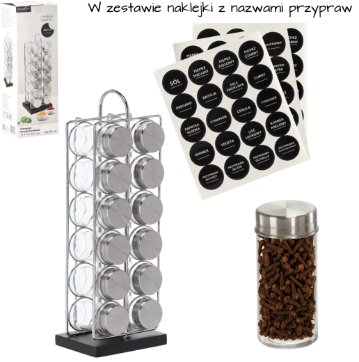 Support rectangulaire pour épices avec poignée, 12 pots en verre, argent-noir