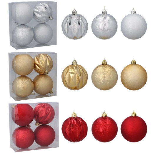 Ensemble de boules de Noël 8 cm – décorations en plastique rouges, dorées et argentées avec motifs variés (4 pcs)