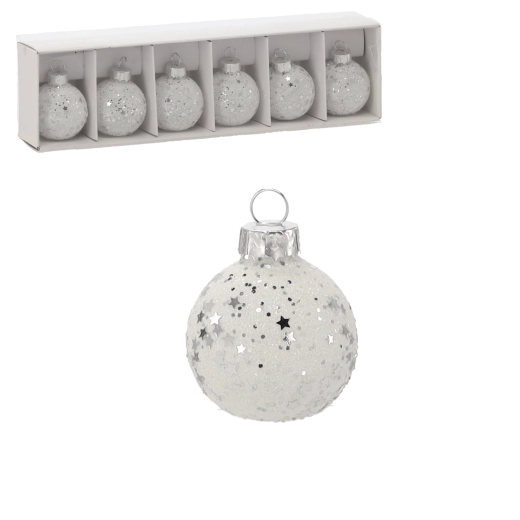Set de boules de Noël en verre avec paillettes blanches 4 cm (6 pcs) CHOMIK