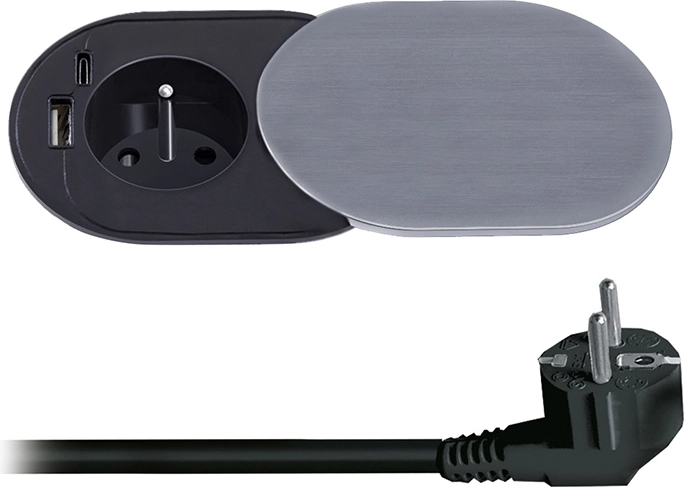 Prise encastrable Solight 230 V avec USB-A et USB-C PD 20 W, avec couvercle coulissant, 2 m, argentée