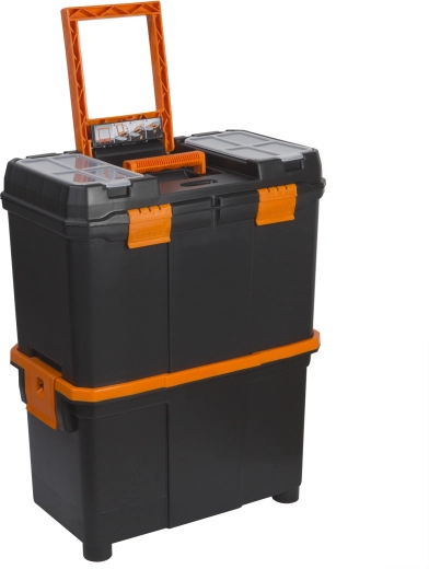 Coffre à outils pliable en plastique sur roulettes