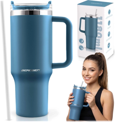 Mug isotherme sous vide Berdsen avec paille 1180 ml bleu marine