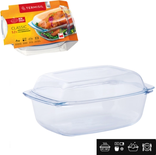 Plat rectangulaire en verre borosilicate résistant à la chaleur avec couvercle 5,2 l