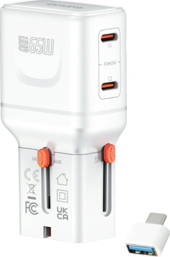 Chargeur de voyage 4smarts World Travel Adapter Nomad Pocket GaN 65 W, USB‑C + USB‑A, blanc